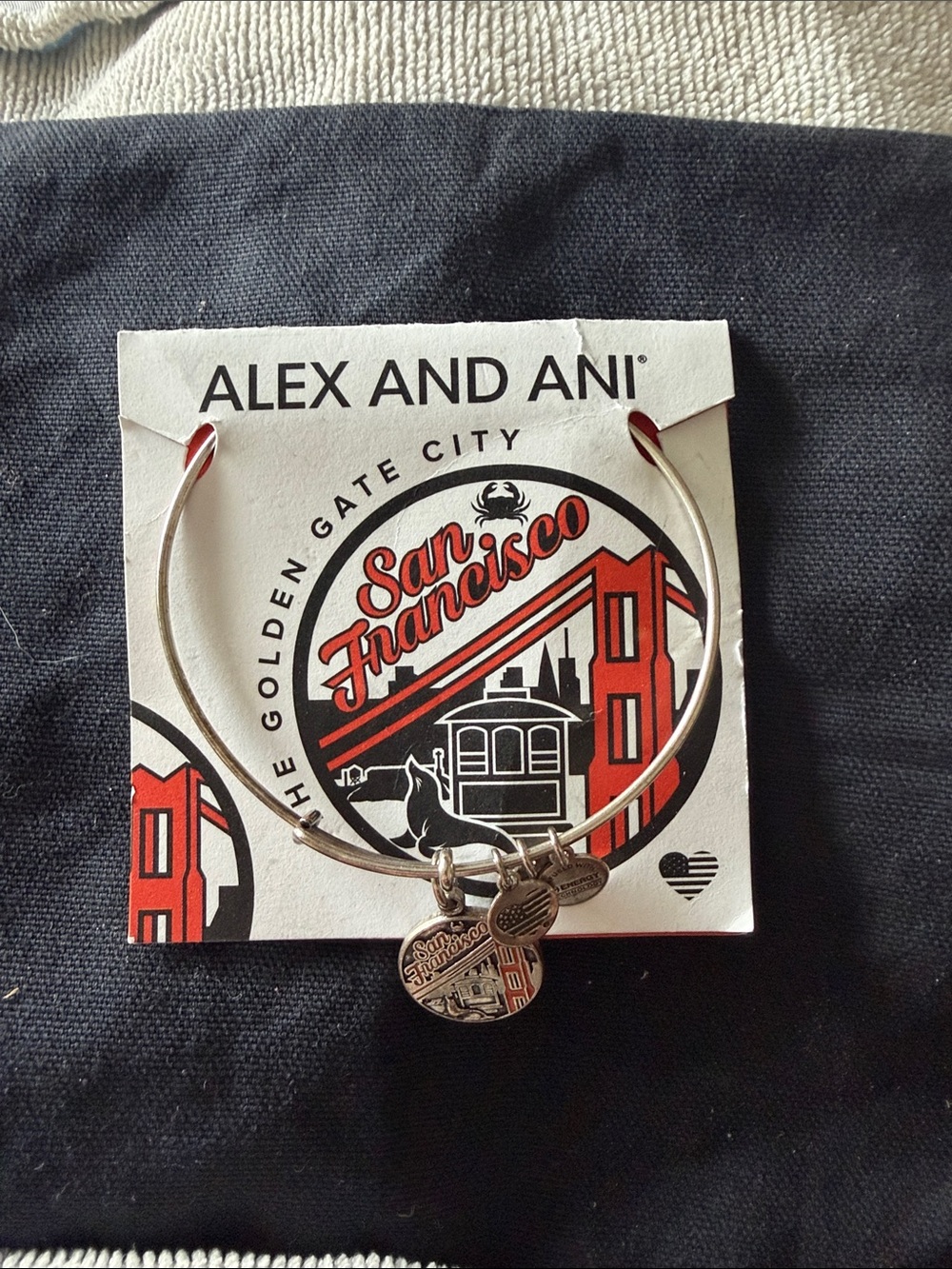Alex and Ani Silver San Francisco Charm Bangle with Red Accents